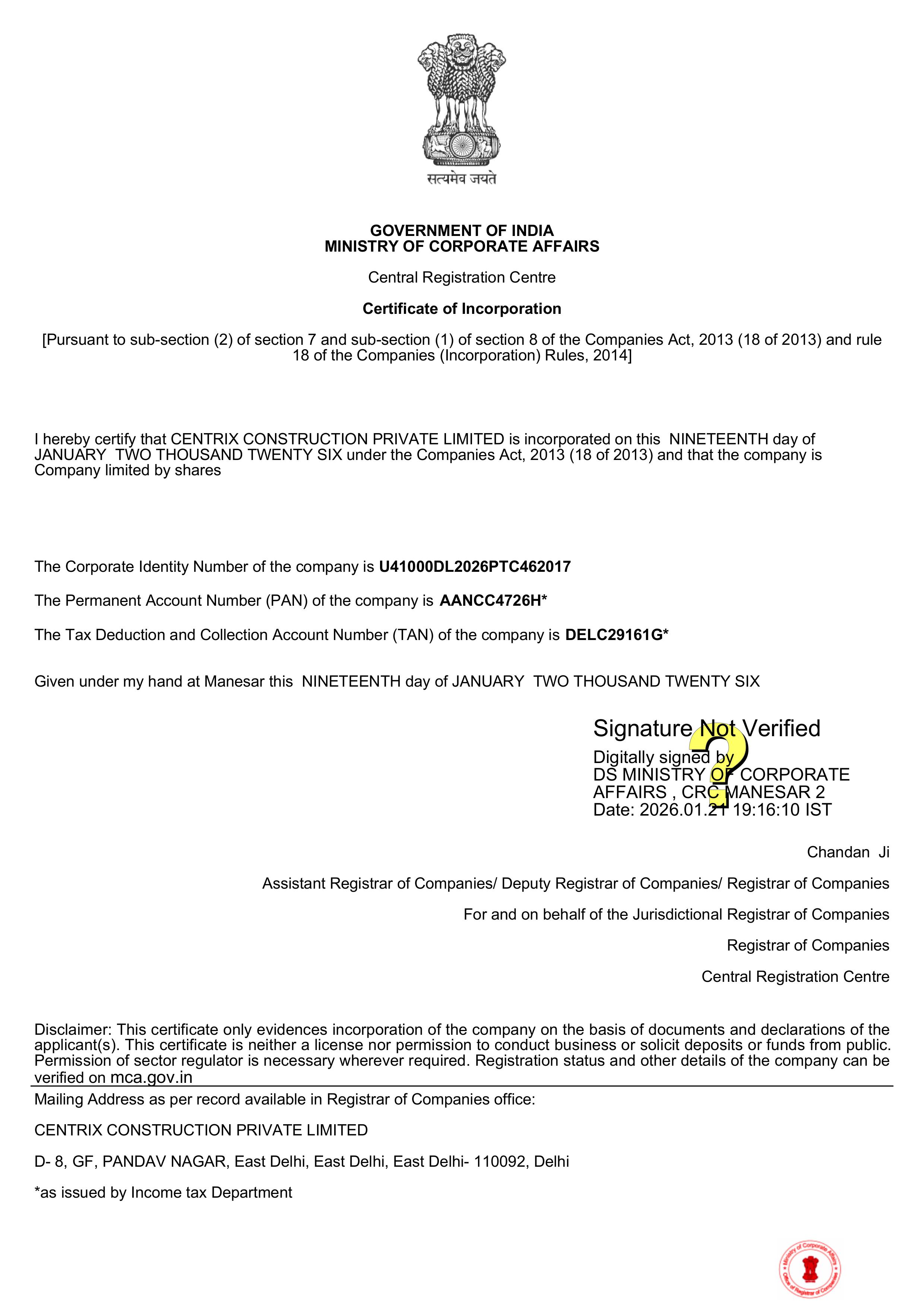 Incorporation Certificate